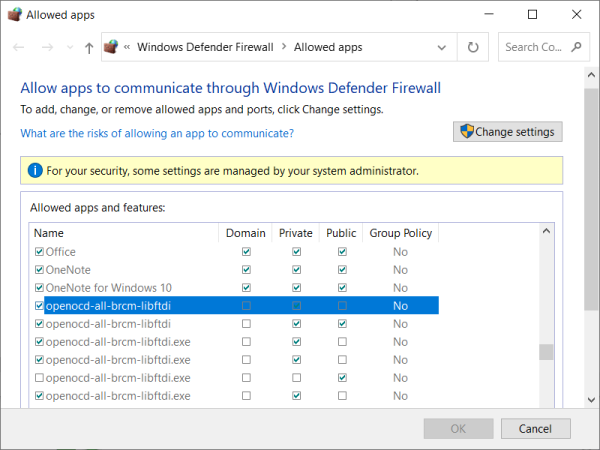 OpenOCD Firewall Settings